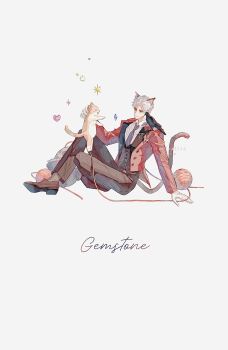 1boy animal animal_ears black_pants black_shirt cat cat_boy cat_ears cat_tail chaoxibumian collared_shirt full_body grey_necktie grey_socks highres holding holding_animal holding_cat jacket kemonomimi_mode love_and_deepspace male_focus necktie pants parted_bangs red_eyes red_jacket shirt short_hair sitting socks solo suit_jacket sylus_(love_and_deepspace) tail vest waistcoat white_background white_hair white_shirt yarn yarn_ball