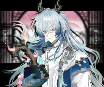 Rule 34 | 1boy, arknights, bead bracelet, beads, blue hands, blue streaks, bonsai, bracelet, chinese commentary, closed mouth, colored extremities, commentary request, dragon boy, dragon horns, earrings, eastern dragon horns, flower pot, grey hair, hair between eyes, highres, holding, holding flower pot, horns, jacket, jewelry, long hair, looking at viewer, male focus, multicolored hair, pink eyes, pointy ears, smile, solo, streaked hair, upper body, white jacket, xuan li, yi (arknights)