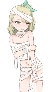 1girl averting_eyes bandaged_arm bandaged_head bandaged_neck bandaged_waist bandages bare_shoulders blush chest_sarashi chinatsu_remiel commentary dot_nose embarrassed english_commentary flat_chest furrowed_brow green_eyes green_hair hair_behind_ear hair_bun hand_on_own_arm hand_up holding_own_arm leaning_to_the_side loli looking_down looking_to_the_side midriff mummy_costume naked_bandage navel nullkurage open_mouth ring_hair_ornament sarashi simple_background solo standing stomach sweat sweatdrop thighs wavy_mouth white_background zenless_zone_zero