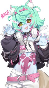 animal_collar animal_ears blue_skin breasts coat collar colored_skin cyberpunk_(series) fangs green_hair highres hololive hololive_english mococo_abyssgard rebecca_(cyberpunk) short_hair small_breasts unusualpie