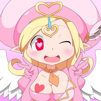 1girl amauchi angel angel_wings blonde_hair breasts cleavage commentary_request cupid_(mon-musu_quest!) double_v feathered_wings hat heart heart-shaped_pupils heart_on_chest jewelry large_breasts leotard mon-musu_quest! necktie one_eye_closed open_mouth orange_necktie pink_hat pink_leotard pointy_ears red_eyes smile symbol-shaped_pupils v white_wings wings