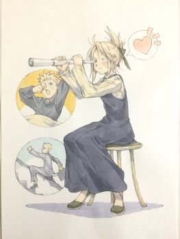 1boy 1girl arms_up black_dress black_pajamas black_pants black_shirt black_shoes black_suit blanket blonde_hair blue_eyes bow briefcase closed_mouth commentary dress folded_ponytail formal_clothes green_eyes green_shoes hair_bow hands_up heart highres holding holding_briefcase long_dress notice_lines on_stairs on_stool one_eye_closed original pajamas pants peter_salt pinafore_dress ribbed_sweater rubbing_eyes shirt shoes short_hair sitting sleeveless sleeveless_dress smile speech_bubble spoken_heart spoken_notice_lines spyglass stretching suit sweater traditional_media waking_up watching yellow_sweater