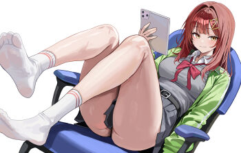 1girl belt black_belt blunt_bangs blush bow bowtie chair closed_mouth collared_shirt commentary dutch_angle eyelashes feet foreshortening full_body futamihara_ririko green_jacket grey_skirt hair_intakes hair_ornament hairclip hand_up highres holding holding_tablet_pc jacket junyongkim9 knees_up legs limelight_lemonade_jam long_sleeves medium_hair miniskirt no_shoes on_chair open_clothes open_jacket red_bow red_bowtie red_hair school_uniform shirt simple_background sitting skirt smile smug socks soles solo straight_hair tablet_pc thick_thighs thigh_focus thighs toes track_jacket white_background white_shirt white_socks yellow_eyes
