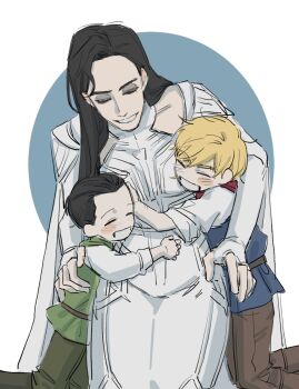 2boys aged_down animification black_eyeshadow black_hair blonde_hair bodysuit brother_and_sister brothers brown_pants cape child closed_eyes clothing_cutout eyeshadow family_bonding fingerless_gloves gloves green_pants grin hair_slicked_back hela_(marvel) hug loki_(marvel) long_hair makeup marvel multiple_boys open_mouth pants short_hair shoulder_cutout siblings sketch smile sunwillshineon thor_(marvel) thor_(marvel)_(series) what_if...?_(disney+) white_background white_bodysuit white_cape white_gloves