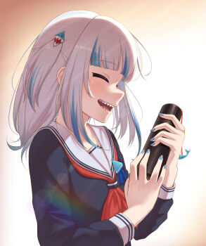 1girl black_shirt blue_hair blue_nails blush closed_eyes diploma_tube gawr_gura graduation grey_hair hair_ornament highres hololive hololive_english hui_yu medium_hair nail_polish neckerchief open_mouth red_neckerchief sailor_collar shark_hair_ornament sharp_teeth shirt sidelocks solo teeth two_side_up virtual_youtuber white_sailor_collar