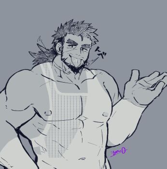 1boy abs bara beard bikini_tan black_hair blue_fire chinstrap_beard come_hither commentary_request completely_nude cowboy_shot dark-skinned_male dark_skin facial_hair facial_scar fire forked_eyebrows full_beard greyscale_with_colored_background igarashi_(igarashi_ta) large_hands large_pectorals long_hair looking_at_viewer male_focus mature_male muscular muscular_male mustache_stubble navel nipples nude pectorals sandayu_(housamo) scar scar_on_cheek scar_on_face sketch solo standing stubble tan tanline thick_eyebrows tokyo_houkago_summoners tongue tongue_out