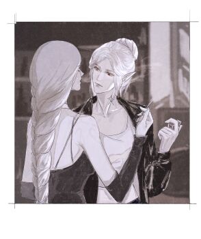 Rule 34 | 2girls, alternate costume, backless dress, backless outfit, baldur's gate, baldur's gate 3, bare shoulders, black jacket, blowing smoke, blurry, blurry background, border, braid, brown dress, choker, cigarette, collarbone, contemporary, dark elf, detached sleeves, dress, dungeons & dragons, elf, fake photograph, from side, hair bun, highres, holding, holding cigarette, jacket, long hair, looking at another, low-braided long hair, low-tied long hair, luojingdou, minthara, multiple girls, neck tattoo, open clothes, open jacket, orin the red, pointy ears, polaroid photo, red eyes, sepia, shirt, short hair, single braid, single hair bun, smoke, tattoo, upper body, white border, white choker, white hair, white shirt