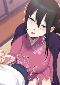 1boy 1girl 9x2no18 age_difference breasts bulge erection erection_under_clothes huge_breasts imminent_fellatio japanese_clothes kimono nijisanji onomachi_haruka shota virtual_youtuber