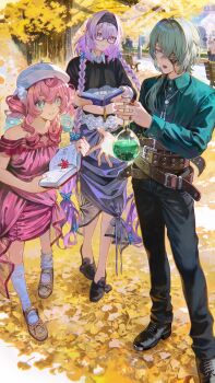 1boy 2girls absurdres alternate_costume anaxa_(honkai:_star_rail) aqua_eyes aqua_hair autumn_leaves bare_shoulders black_shoes braid castorice_(honkai:_star_rail) commentary_request dress drill_hair glasses gradient_hair highres honkai:_star_rail honkai_(series) hyacine_(honkai:_star_rail) kyuuba_melo leaf long_hair long_sleeves looking_at_viewer midriff multicolored_hair multiple_girls navel outdoors parted_lips pink_dress pink_hair pointy_ears purple_eyes purple_hair shoes sleeveless sleeveless_dress smile socks standing twin_braids twin_drills twintails white_socks