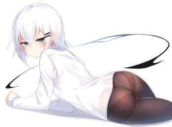 1girl :t arm_support ass blob blouse blue_eyes blush commentary female_focus highres looking_at_viewer lying on_stomach original otokuyou panties panties_under_pantyhose pantyhose ringo-chan_(otokuyou) shirt short_hair simple_background solo thighband_pantyhose underwear white_background white_panties white_shirt