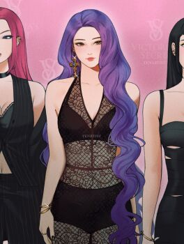 3girls alternate_costume alternate_hairstyle arms_at_sides artist_name black_bra black_choker black_dress black_nails black_panties black_pants black_vest blue_eyeshadow bra bra_peek bracelet breasts brown_eyes choker cleavage commentary cowboy_shot cross cross_earrings dress ear_piercing earrings english_commentary eyeshadow film_grain glint gold_bracelet gold_earrings gold_piercing gold_ring hair_over_breasts hair_over_one_breast highres huntrix jacket jacket_partially_removed jewelry k-pop kpop_demon_hunters lace lace-trimmed_bra lace_dress lace_trim light_smile long_dress long_hair looking_ahead looking_to_the_side makeup mira_(kpop_demon_hunters) multiple_girls nail_ornament outer_glow outline panties pants parted_hair photo-referenced piercing pink_background pink_hair pink_lips purple_eyeshadow purple_hair rumi_(kpop_demon_hunters) see-through_clothes see-through_dress single_earring sleeveless sleeveless_dress straight_hair striped_clothes tenartistt two-tone_eyeshadow underwear v-neck vertical-striped_clothes very_long_hair vest victoria's_secret wavy_hair white_outline yellow_eyeshadow zoey_(kpop_demon_hunters)