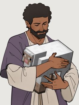 1boy absurdres black_hair closed_eyes closed_mouth commentary dark-skinned_male dark_skin english_commentary fine_art_parody grey_background highres holding jesus male_focus minecraft parody sheep_(minecraft) short_hair simple_background the_bible wide_sleeves wolfythewitch