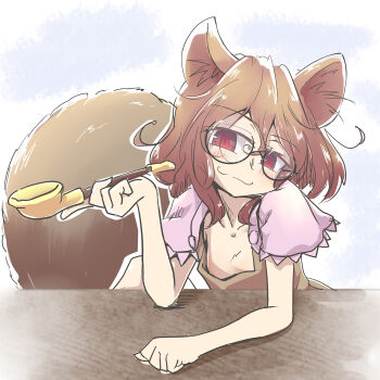Rule 34 | :3, animal ear fluff, animal ears, arm on table, arm up, blush, brown hair, brown shirt, clenched hand, closed mouth, commentary request, double-parted bangs, downblouse, elbow on table, frilled sleeves, frills, futatsuiwa mamizou, glasses, grey background, hair between eyes, head tilt, holding, holding smoking pipe, kiseru, looking at viewer, matsu 84, medium hair, messy hair, partial commentary, pink sleeves, puffy short sleeves, puffy sleeves, raccoon ears, raccoon girl, raccoon tail, red eyes, shirt, short sleeves, simple background, smile, smoking pipe, split mouth, table, tail, touhou, upper body