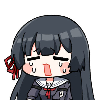 1girl black_hair breasts chibi chibi_only chisa_(wuthering_waves) closed_eyes commentary hair_ribbon long_hair long_sleeves medium_breasts neckerchief open_mouth red_neckerchief red_ribbon ribbon sailor_collar simple_background solo sticker_(medium) symbol-only_commentary tacet_mark_(wuthering_waves) tears twomoon upper_body white_background white_sailor_collar wuthering_waves
