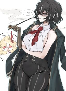 1girl absurdres bare_shoulders black_hair blonde_hair breasts character_request coat commentary_request crying disgust grey_eyes highres korean_commentary large_breasts limbus_company moses_(project_moon) multicolored_hair project_moon red_eyes saeda8e scissors smoking_pipe speech_bubble tears translation_request two-tone_hair white_background white_hair