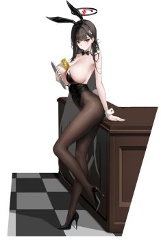 Rule 34 | 1girl, animal ear hairband, animal ears, between breasts, black hair, black hairband, black halo, black leotard, black pantyhose, black shoes, blue archive, blush, breast press, breasts, cleavage, closed mouth, commentary request, fake animal ears, hairband, halo, high heels, highres, holding, holding tray, huge breasts, leotard, long hair, looking at viewer, multicolored halo, pantyhose, patent heels, playboy bunny, pumps, rabbit ears, red eyes, red halo, rio (blue archive), sab (sab2500), shoes, solo, standing, standing on one leg, stiletto heels, strapless, strapless leotard, tray, two-tone halo, unfinished, very long hair, white background, white wrist cuffs, wrist cuffs