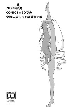 1girl dress drill_hair from_side greyscale heriyama highres long_hair luna_platz_(mega_man) mega_man_(series) mega_man_star_force_(series) monochrome panties panties_under_pantyhose pantyhose simple_background smile split standing standing_on_one_leg standing_split twin_drills underwear very_long_hair white_background