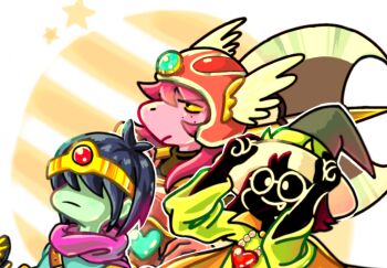 1boy 1girl 1other axe black_fur blue_hair blue_skin blue_tunic cape circlet colored_sclera colored_skin commentary_request cosplay crossover deltarune dragon_quest dragon_quest_iii fang freckles gem goat_boy gold_circlet green_robe hair_over_eyes hat heart heart_necklace helmet hero_(dq3) hero_(dq3)_(cosplay) holding holding_axe holding_weapon jewelry kris_(dark_world)_(deltarune) kris_(deltarune) long_hair mage_(dq3) mage_(dq3)_(cosplay) monster_girl necklace pink_cape pink_hair pink_skin profile ralsei ralsei_(hat) red_gemstone red_helmet robe roto_(dq3) roto_(dq3)_(cosplay) round_eyewear sekiyu_petroleum short_hair simple_background susie_(dark_world)_(deltarune) susie_(deltarune) tunic upper_body utdr_(toby_fox) warrior warrior_(dq3) warrior_(dq3)_(cosplay) weapon winged_helmet witch_hat wizard yellow_sclera