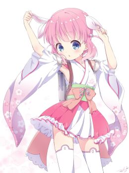 1girl armpits arms_up beads blue_eyes blush bow breasts commentary cowboy_shot detached_sleeves eyebrows_hidden_by_hair floral_print foot_out_of_frame frills hair_beads hair_ornament haizakura_(prima_doll) holding holding_hair_ornament japanese_clothes kimono looking_at_viewer mearian medium_hair obi open_mouth parted_lips pink_hair pleated_skirt prima_doll_(anime) ribbon-trimmed_sleeves ribbon_trim sash sidelocks signature simple_background skirt small_breasts smile solo standing symbol-only_commentary thighhighs white_background white_kimono white_thighhighs wide_sleeves zettai_ryouiki