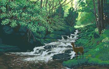 animal animated animated_gif day deer forest grass iemon_(iweymon) looping_animation nature no_humans original outdoors pixel_art pond rock scenery stream tree water