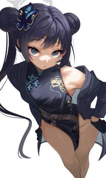 1girl absurdres bare_hips bare_shoulders black_coat black_dress black_gloves black_hair blue_archive braid butterfly_hair_ornament ch1ckpyo china_dress chinese_clothes coat double_bun dragon_print dress feet_out_of_frame gloves green_halo grey_eyes hair_bun hair_ornament halo hands_on_own_hips highres kisaki_(blue_archive) leaning_forward long_hair looking_at_viewer no_panties pelvic_curtain pinstripe_coat pinstripe_pattern print_dress short_dress side_braids side_slit single_bare_shoulder sleeveless sleeveless_dress solo thighs twintails twintails_with_hair_base upturned_eyes white_background