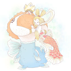 Rule 34 | 1boy, 1girl, arm tattoo, beard, blonde hair, bracelet, closed eyes, commentary, couple, crown, english commentary, facial hair, hagoromo, hair ornament, highres, hug, jewelry, long beard, long hair, long nose, mermaid, merman, miuyumin, monster boy, monster girl, neptune (one piece), one piece, orange hair, otohime (one piece), red nose, sash, shawl, tattoo, topless male, very long beard, wide sleeves