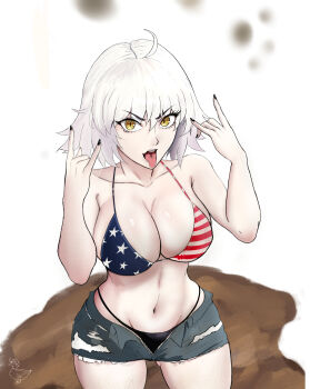 1girl absurdres ahoge american_flag american_flag_bikini american_flag_print bikini bikini_under_clothes black_bikini black_nails blue_shorts breasts cleavage collarbone cosplay cutoffs denim denim_shorts fate/grand_order fate_(series) flag_print flag_print_bikini grand_theft_auto grand_theft_auto_vi hair_between_eyes highres jeanne_d&#039;arc_alter_(fate) large_breasts looking_at_viewer medium_hair mud navel oldmanjenkins oldmanjenkins84 open_clothes open_fly open_mouth open_shorts print_bikini redneck_girl_(gta_vi) redneck_girl_(gta_vi)_(cosplay) short_shorts shorts solo swimsuit thighs tongue tongue_out torn_clothes torn_shorts white_hair yellow_eyes