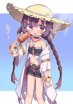 1girl bangle black_choker black_shorts black_tube_top blue_background blush bracelet braid brown_hair choker coat collarbone commentary_request feet_out_of_frame food hat highres holding holding_food hot jewelry kirara_fantasia letterboxed long_hair long_sleeves looking_at_viewer midriff navel off_shoulder open_clothes open_coat open_mouth outline outside_border red_eyes richard_(richaball) short_shorts shorts single_bare_shoulder solo standing strapless straw_hat sumeragi_utsutsu sweat translation_request tube_top twin_braids white_outline wide_sleeves yellow_hat