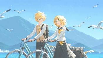 1boy 1girl 503404330 absurdres aqua_eyes bicycle bird black_sailor_collar black_skirt blonde_hair brown_sweater_vest city eye_contact feet_out_of_frame floating_clothes floating_hair hair_ornament hairpin highres kagamine_len kagamine_rin light_blush looking_at_another mountain neckerchief necktie pleated_skirt sailor_collar school_uniform seagull serafuku shirt skirt smile sweater_vest vocaloid white_shirt yellow_neckerchief yellow_necktie