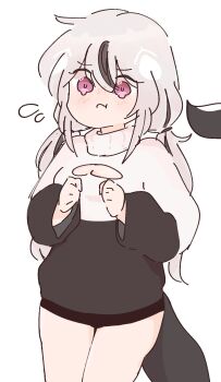 1girl :t artist_self-insert black_hair black_shorts blush_stickers breasts cetacean_tail chonkyorca cleavage cleavage_cutout clenched_hands closed_mouth clothing_cutout fins fish_tail flying_sweatdrops grey_hair hair_between_eyes hands_up highres long_hair long_sleeves low_twintails medium_breasts multicolored_hair orca_(chonkyorca) original pout purple_eyes short_shorts shorts simple_background solo streaked_hair sweater tail turtleneck turtleneck_sweater twintails very_long_hair white_background white_sweater wide_sleeves