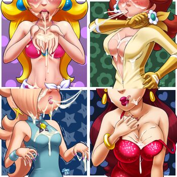 2022 4girls artist_name ass bare_shoulders biker_clothes bikesuit bikini bikini_top_only blonde_hair blue_background blue_dress blush bodysuit border bracelet breasts brown_hair bukkake cheek_bulge cleavage collarbone cum cum_in_mouth cum_on_body cum_on_breasts cum_on_clothes cum_on_dress cum_on_hair cum_on_hands cum_on_stomach cum_on_tongue cum_on_upper_body deep_skin donkey_kong_(1981_game) donkey_kong_(series) dress drooling ear_piercing earrings facial female_focus gloves gold_bracelet green_background heart highres jewelry large_breasts licking licking_lips lips lipstick long_hair makeup mario_(series) mario_kart mario_kart_wii mario_tennis mario_tennis_aces medium_breasts medium_hair multiple_girls nail_polish navel nintendo oral pauline_(mario) piercing pink_bikini pink_lips pink_nails princess_daisy princess_peach purple_background purple_nails red_dress red_lips red_nails rosalina scarf shaxbert shiny_clothes shiny_skin side-tie_skirt skirt spitting spitting_cum standing star_(symbol) star_print star_symbol super_mario_odyssey super_star_(mario) swimsuit tongue tongue_out very_long_hair white_border white_skirt wristband yellow_bodysuit yellow_gloves yellow_scarf zipper
