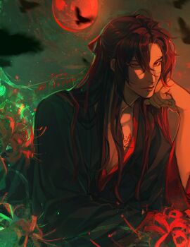 1boy bird bishounen black_bird black_hair black_hanfu branded chinese_clothes closed_mouth commentary crow dated elbow_rest english_commentary flower full_moon hair_between_eyes hair_ribbon half_updo hand_on_own_cheek hand_on_own_face hanfu head_rest highres long_hair long_sleeves looking_at_viewer male_focus modao_zushi moon night night_sky official_alternate_hairstyle red_eyes red_flower red_light red_moon red_ribbon red_theme ribbon robe scar scar_on_chest sidelocks sky smile solo spider_lily twitter_username upper_body wei_wuxian wei_wuxian_(yiling_laozu) wide_sleeves xvssen