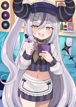 1girl absurdres alternate_costume alternate_hairstyle apron black_horns black_nails braid collared_shirt commentary_request cowboy_shot cropped_shirt cropped_vest crow_(la+_darknesss) demon_girl demon_horns demon_tail double-parted_bangs fang forced_smile grey_hair hair_between_eyes hair_ornament hairclip highres holding holding_pen hololive horns indoors la+_darknesss light_blush long_hair long_sleeves looking_at_viewer midriff miniskirt multi-source_commentary multicolored_hair navel neckerchief nemuta_muu nervous_sweating notepad one_side_up open_mouth parallel_hairclips partial_commentary pen pencil_skirt pointy_ears purple_streaks purple_vest shirt single_hair_streak skirt solo streaked_hair striped_clothes striped_horns striped_vest sweat tail tsurime very_long_hair vest virtual_youtuber visor_cap waist_apron waitress white_apron white_shirt yellow_eyes yellow_neckerchief