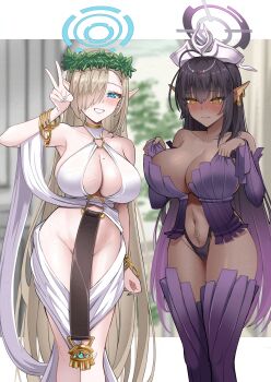 2girls asuna_(blue_archive) bare_shoulders black_hair blue_archive blue_eyes blue_halo blush bracelet breasts celestine_lucullus celestine_lucullus_(cosplay) cleavage collarbone cosplay dark-skinned_female dark_skin detached_sleeves dress earrings frown gradient_hair grin groin gzanth hair_between_eyes hair_over_one_eye halo highleg highleg_panties highres jewelry karin_(blue_archive) kuroinu_~kedakaki_seijo_wa_hakudaku_ni_somaru~ large_breasts laurel_crown long_hair looking_at_viewer mole mole_on_breast multicolored_hair multiple_girls navel no_panties o-ring o-ring_top olga_discordia olga_discordia_(cosplay) panties pointy_ears pubic_tattoo purple_hair purple_halo purple_panties purple_shirt purple_thighhighs revealing_clothes shirt smile tattoo thighhighs thighs underwear v very_long_hair white_dress yellow_eyes