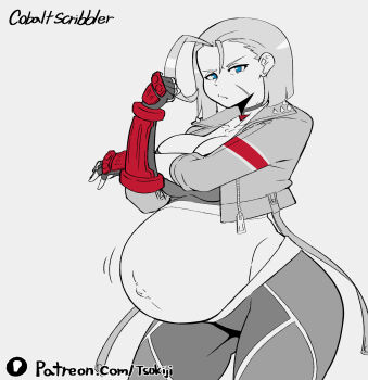 1girl belly big_belly breasts cammy_white clenched_hand closed_mouth commentary english_commentary highres looking_at_viewer navel outie_navel patreon_logo pregnant solo street_fighter street_fighter_6 tsukijitums watermark web_address