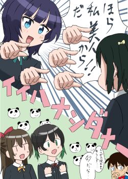 1boy 4girls :d asaka_karin black_hair black_jacket blue_hair blunt_bangs bow brown_hair collared_shirt dark_blue_hair dress_shirt edogawa_conan ereka glasses gradient_hair green_hair hair_bow half_updo highres jacket long_hair long_sleeves love_live! love_live!_nijigasaki_high_school_idol_club medium_hair meitantei_conan mifune_shioriko multicolored_hair multiple_girls multiple_hands nijigasaki_school_uniform nijiyon open_mouth osaka_shizuku panda red_bow school_uniform shirt sidelocks smile takasaki_yu translation_request twintails v-shaped_eyebrows white_shirt winter_uniform |_|