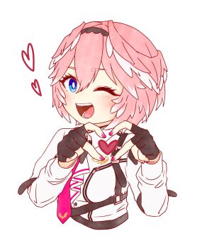 1girl absurdres black_gloves blue_eyes breast_zipper breasts commentary_request cropped_torso double-parted_bangs fingerless_gloves fingernails four-finger_heart_hands gloves hair_between_eyes head_wings heart heart_hands heart_in_heart_hands highres hololive long_sleeves looking_at_viewer nail_polish necktie one_eye_closed open_mouth pink_hair pink_nails pink_necktie ringo_21_a shirt short_hair simple_background smile solo takane_lui takane_lui_(1st_costume) virtual_youtuber white_background white_shirt wings zipper zipper_pull_tab