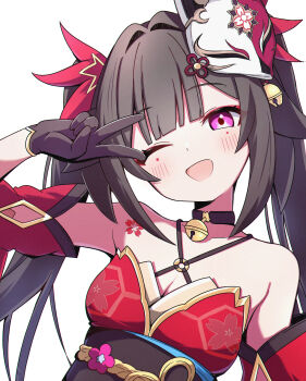 1girl bare_shoulders bell black_choker black_gloves black_hair blush breasts choker cleavage commentary_request fox_mask gloves hair_ornament highres honkai:_star_rail honkai_(series) japanese_clothes kimono long_hair looking_at_viewer mask mask_on_head mole mole_under_each_eye mole_under_eye multiple_moles neck_bell one_eye_closed open_mouth pink_eyes red_kimono sasanekomaru simple_background single_glove sleeveless sleeveless_kimono smile solo sparkle_(honkai:_star_rail) twintails v very_long_hair white_background