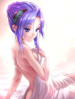 Rule 34 | 1girl, back, bed sheet, blue eyes, blue hair, breasts, goto p, hanamura shiki, heaven burns red, highres, long hair, looking back, naked sheet, on bed, parted bangs, sheet grab, shoulder blades