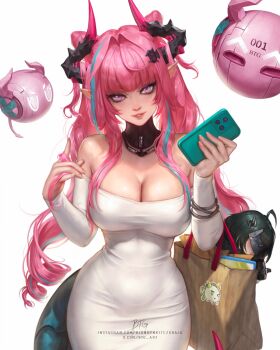 1girl ahoge arknights artist_name bag bare_shoulders blondynkitezgraja blue_hair bracelet breasts cellphone character_doll cleavage covered_navel cowboy_shot detached_collar detached_sleeves doll dragon_girl dragon_horns dragon_tail dress hair_intakes hair_ornament head_tilt highres holding holding_bag holding_phone horns jewelry large_breasts lips long_hair long_sleeves looking_at_viewer mechanical_tail multicolored_hair off-shoulder_dress off_shoulder parted_lips patreon_username pencil_dress phone pink_eyes pink_hair pink_lips pink_nails playing_with_own_hair pointy_ears purple_eyes robot shopping_bag signature simple_background slit_pupils smartphone smile solo streaked_hair tail taut_clothes taut_dress tight_clothes tight_dress twintails very_long_hair watermark web_address white_background white_dress yvonne_(arknights)
