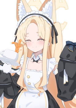 1girl absurdres alternate_costume animal_ear_fluff animal_ears apron bird black_bow black_bowtie black_dress blonde_hair blue_archive bow bowtie closed_mouth commentary cup detached_collar dress flat_chest forehead fox_ears fox_girl highres long_hair looking_at_another maid maid_apron maid_headdress pink_eyes sainarohh seia_(blue_archive) sleeves_past_fingers sleeves_past_wrists smile solo spilling tea teacup two_side_up very_long_hair