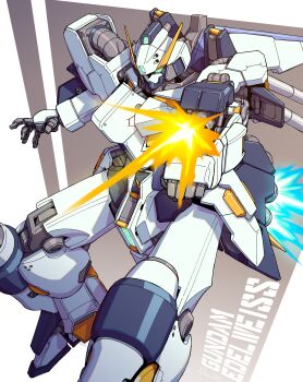 Rule 34 | absurdres, copyright name, firing, green eyes, gundam, gundam gquuuuuux, highres, holding, holding weapon, jackoonz, mecha, mecha focus, mobile suit, no humans, robot, science fiction, solo, tr-6 woundwort, weapon