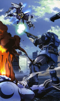 absurdres aiming arm_cannon artist_request battle beam_cannon beam_rifle building burning byalant byalant_custom cable cloud cloudy_sky crane_(machine) damaged debris dirty earth_federation energy_beam energy_gun firing flying gundam gundam_perfect_file gundam_unicorn highres machinery mecha mecha_focus mobile_suit muzzle_flash neo_zeon official_art robot roundel scene_reference science_fiction sky smoke thrusters weapon wreckage zee_zulu