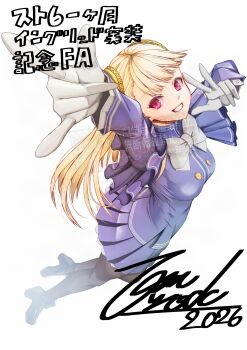1girl absurdres black_pantyhose blonde_hair breasts buttons commentary_request hairpods highres ingrid_(capcom) long_sleeves pantyhose purple_shirt purple_skirt red_eyes shirt skirt solo street_fighter street_fighter_6 tom_(rock_n_tom) v watermark white_background