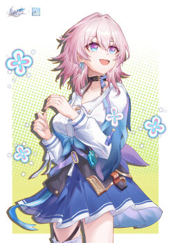 1girl absurdres black_choker black_corset blue_eyes blue_jacket blue_skirt camera chinese_commentary choker commentary_request copyright_name corset cowboy_shot dress_shirt earrings flower_ornament halftone halftone_background highres honkai:_star_rail honkai_(series) jacket jewelry long_sleeves looking_afar march_7th_(honkai:_star_rail) march_7th_(preservation)_(honkai:_star_rail) medium_hair miniskirt multicolored_eyes nail_(hardware) open_mouth partial_commentary pink_eyes pink_hair pleated_skirt shirt signature single_earring skirt smile solo thigh_strap tied_jacket tongyu two-tone_eyes white_shirt