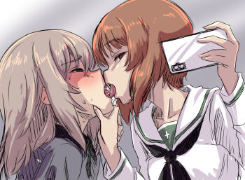 2girls black_neckerchief blue_eyes blush brown_hair cellphone drooling french_kiss from_side girls_und_panzer grabbing_another's_chin gradient_background grey_background grey_hair grey_jacket hair_between_eyes hand_on_another's_chin holding holding_phone itsumi_erika jacket kabutowari kiss kuromorimine_school_uniform long_hair long_sleeves looking_at_another looking_at_phone medium_hair multiple_girls neckerchief nishizumi_miho ooarai_school_uniform open_mouth phone red_eyes sailor_collar saliva saliva_trail school_uniform selfie shirt sidelocks simple_background smartphone sweat tongue tongue_out upper_body white_sailor_collar white_shirt yuri