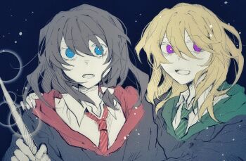 2girls alternate_costume alternate_eye_color black_coat black_hair blonde_hair blue_eyes bow coat collared_shirt commentary dated_commentary green_necktie hair_between_eyes hair_bow hand_on_another's_shoulder highres holding holding_wand long_hair maribel_hearn missing_headwear multiple_girls necktie night oriharareimu purple_eyes red_necktie shirt star_(sky) striped_clothes striped_necktie touhou usami_renko wand white_bow white_shirt