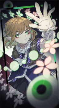 1girl arm_up arm_warmers black_shoes black_skirt blonde_hair brown_shirt character_name closed_mouth commentary_request commission danmaku eyeshadow fingernails full_body green_eyes green_nails grey_background highres looking_at_viewer makeup mary_janes mizuhashi_parsee o_(crazyoton46) petals pointy_ears red_eyeshadow shirt shoes short_hair short_sleeves skeb_commission skirt socks solo touhou v-shaped_eyebrows white_socks