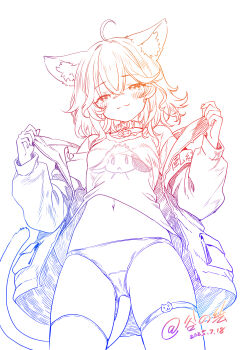 1girl :3 absurdres animal_ears cat_ears cat_girl cat_tail collar colored_lineart from_below gradient_lineart gu highres jacket lineart long_sleeves looking_at_viewer medium_hair no_pants open_clothes original panties short_sleeves simple_background single_thighhigh smile tail thigh_strap thighhighs underwear white_background