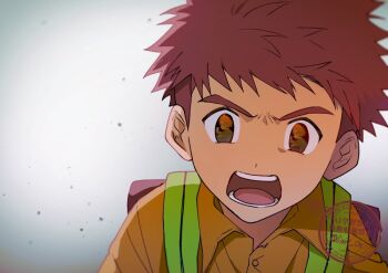 Rule 34 | 2boys, backpack, bag, black eyes, brown hair, digimon, digimon adventure, eye reflection, grey background, izumi koshiro, multiple boys, orange shirt, reflection, shirt, simple background, solo focus, upper body, yagami taichi, yuu (pixiv3042074)